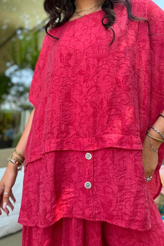 Tasha Damask Cap Sleeve Button Top Rioja